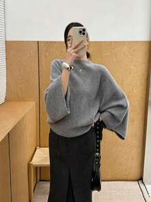 Women's Autumn/Winter New Knit Loose Batwing Sleeve Pullover Elegant Shawl Sweater For Outerwear - Grey - View 3