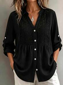 Women's Plus Size Lace Patchwork Notched Collar Front Button Long Sleeve Ruffle Blouse, Roll-Up Sleeves - Black - View 2