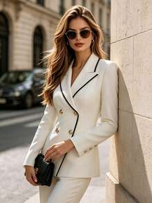 DONICY Women's Elegant Contrast Trim Blazer, Double-Breasted Slim Fit Commuter Office Jacket, Autumn Outerwear - White - View 11