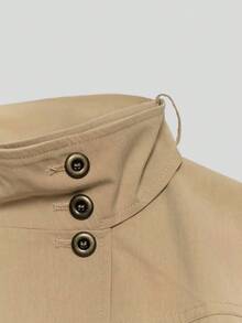 CAREE Women's Autumn/Winter Light Khaki Stand Collar Double-Breasted Flap Pocket Slim Fit Short Utility Jacket - Khaki - View 8
