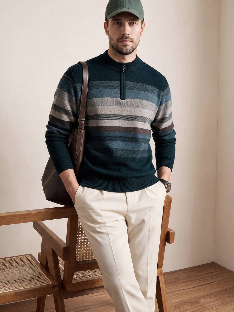 Men's Autumn/Winter Half-Zip Collar Striped Casual Pullover Sweater, Business Commute Simple Style, Long Sleeve Top - Navy Blue - View 1