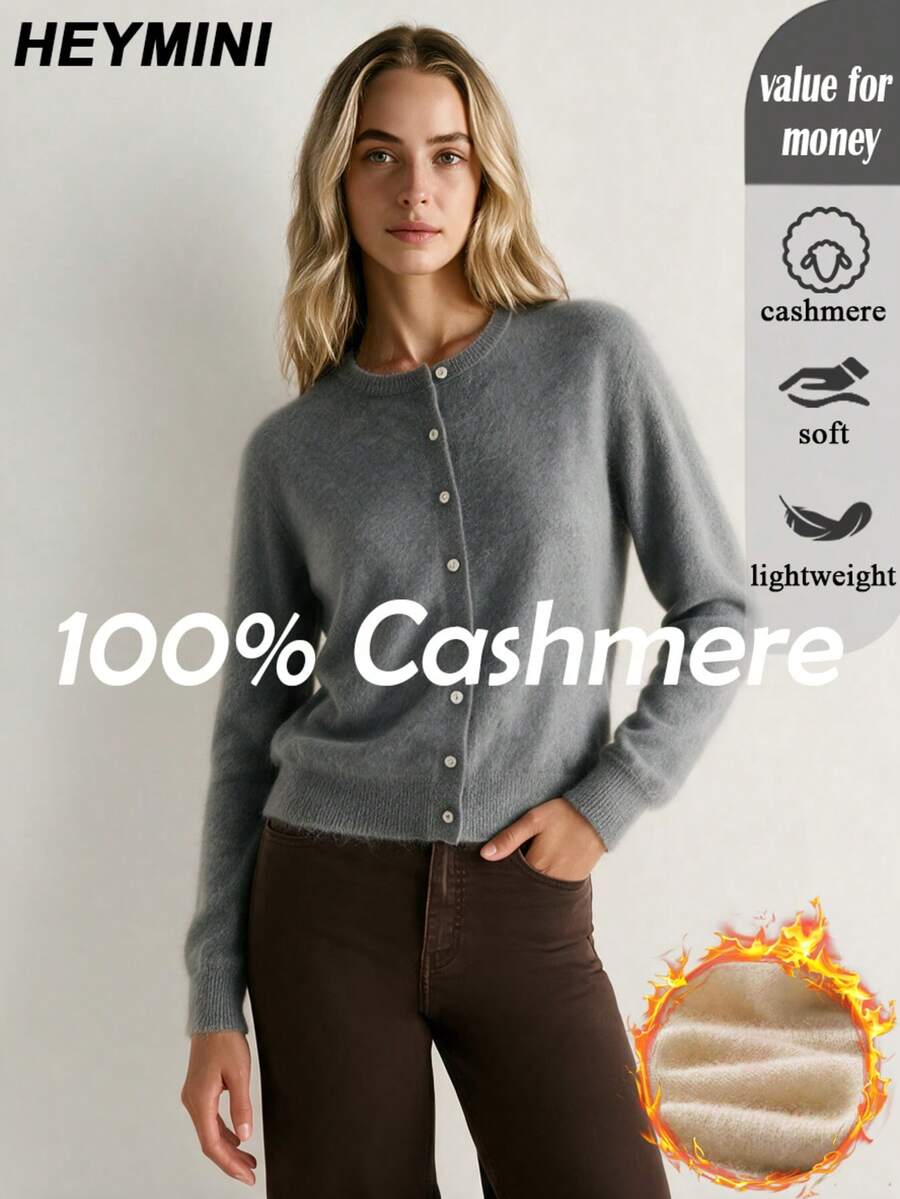 HEYMINI 100% Cashmere, Minimalist Round Neck Cashmere Cardigan, Comfortable Versatile Knit Sweater For Autumn/Winter, Daily Fashion Outfit - Grey - View 1