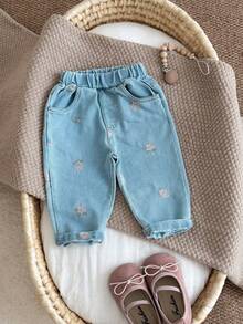 Baby Blue Patchwork Distressed Elastic Waist Casual Long Pants, All-Season Comfortable Breathable Children's Casual Pants - Blue - View 2