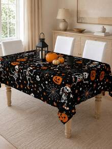 1pc Halloween Skeleton Print Polyester Tablecloth, Black Dancing Skeleton, Pumpkin, Spider Web, Star And Spider Pattern Rectangular Table Cover For Halloween Party, Dining Table, Kitchen And Home Decor - Multicolor - View 21