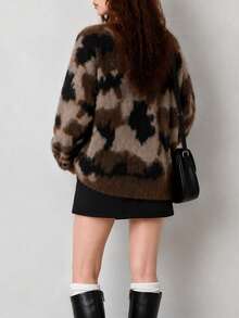 Women's Winter Casual Minimalist Style Camouflage Pattern Crew Neck Pullover Sweater - Coffee Brown - View 2