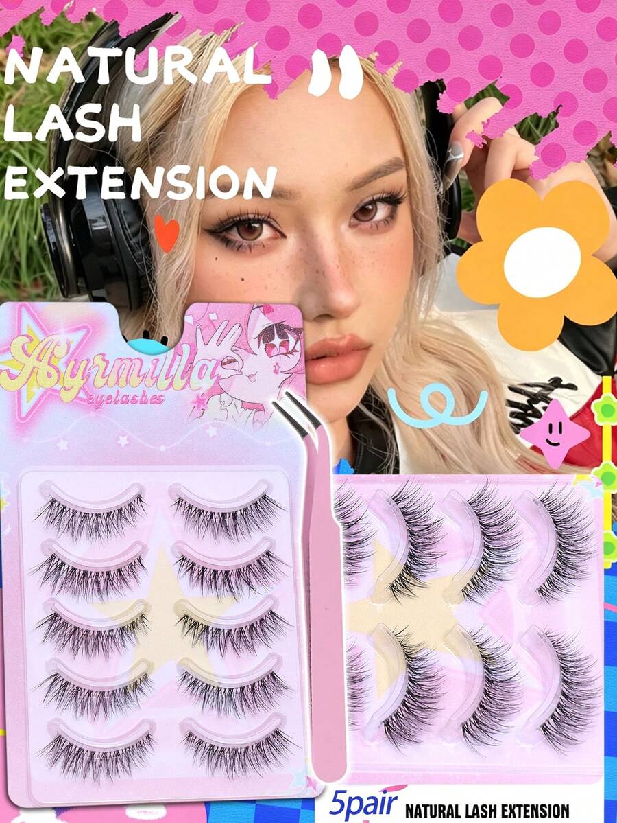 5 Pairs Of Natural Short And Thin False Eyelashes, Light And Soft Fluffy Half Eyelashes, Invisible Comfortable Belt Style Eyelashes, Natural And Beautiful Eye Enhancement Eyelashes, Suitable For Beginners' Reusable Daily Eyelashes - Black - View 1