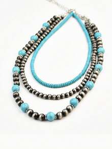 3pcs/Set Handmade Beaded Necklace, Vintage Western Country Style, Turquoise Color, Multi-Layer Design, Versatile Fashion Jewelry Gift - Multicolor - View 5