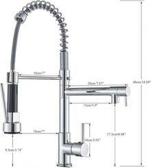 MB Llave de cocina, monomando de aleación de cromo pulido, boca de salida de arco alto, doble salida de agua, cuello flexible con resorte giratorio de 360°, manguera extensible con retracción automática y manguera de agua trenzada con marcas en rojo y azul - Galvanizado - Ver 2