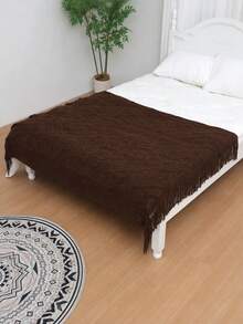 1pc Chain Pattern Rug, Nordic Style Acrylic Rectangular Solid Color Knitted Bed Blanket Suitable For Home Daily Office Nap Use - Coffee - View 4