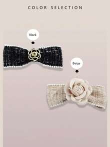 1pc French Vintage Floral Bow Fabric Hair Clip, Soft Style Camellia Flower Back Of Head Spring Clip Hair Accessory - Multicolor - View 5