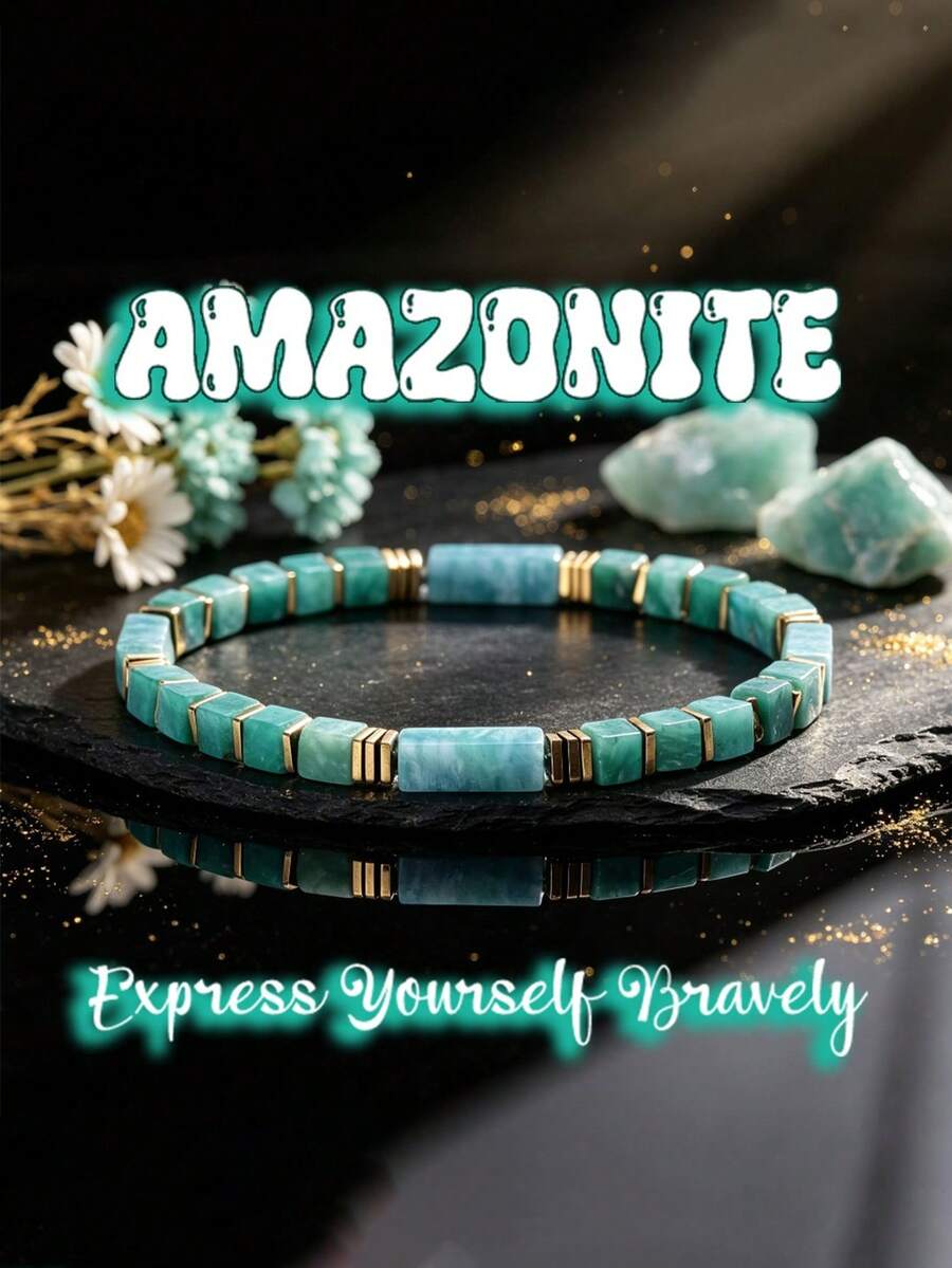 Natural Stone Amazonite Rectangular Bead Bracelet, Courageous Self-Expression Healing Crystal Bracelet, Unisex Versatile Daily Jewelry Gift - Multicolor - View 1