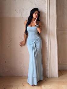 1pc Solid Color Elegant Knitted Fabric Dress For Wedding Summer - Blue - View 2