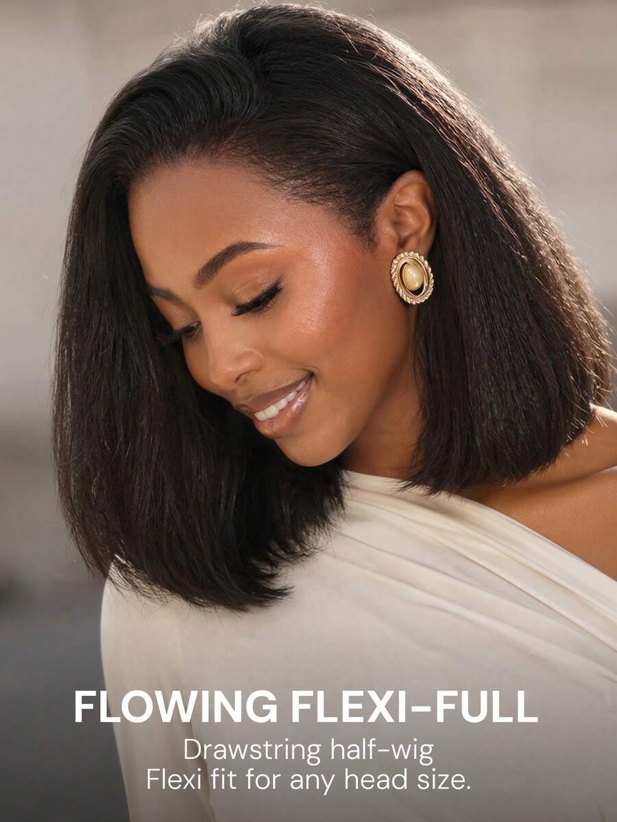 MEGALOOK 3-In-1 Half Wig, Curly Straight Bob, 100% Human Hair, Glue-Free Elastic Fit Drawstring Wig, 200%/250% Density, Natural Color, Natural Appearance, Daily Wear, Beginner Friendly - SNatural - View 1