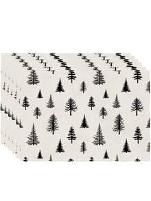 2/4/6Pcs Heat‑Resistant Farmhouse Placemats, Black Silhouette Pine Tree Christmas Table Mats For Round Table, Patio, Holiday Party, Kitchen Home Dining Table Tea Party Decor - Black and White - View 9