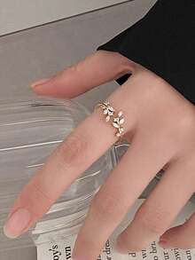 1pc Minimalist Luxury Cubic Zirconia Leaf Open Ring, Suitable For Women Casual And Party Wear - Yellow Gold - View 6