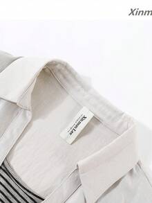Blouse élégante premium 2 en 1 à col polo avec patchwork rayé, chemise polyvalente pour le trajet quotidien, le début de l'automne, les voyages, les tenues décontractées et les vacances - Gris pâle - Voir 5
