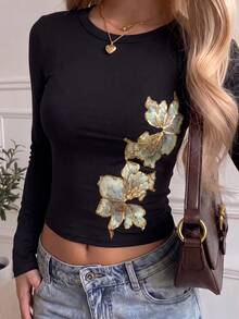 SCARLUX Cute Black Embroidered Floral T-Shirt | Autumn/Winter Street Style, Suitable For College, Back To School, Office Commute And Daily Home Wear - Black - View 4