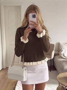 Women's Casual Brown Vintage Round Neck Long Sleeve Colorblock Ruffle Knit Pullover Sweater, Autumn/Winter Back To School Outfit Fall - Brown - View 9