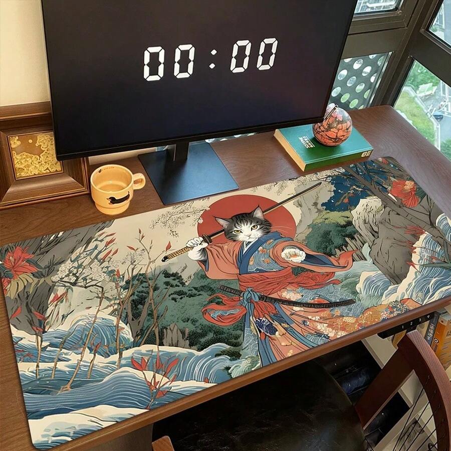 Japanese Style Mouse Pad - Samurai Cat & Wave Scene Design Gaming Mat, Extended Non-Slip Base, Extra Large Keyboard Pad For Laptop And PC, Perfect Gift For Cat Lovers And Anime Fans - Samurai Cat - View 1