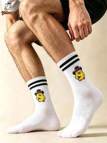 1/5/9 Pasang Kaos Kaki Pria Motif Kartun Bebek Kuning Lucu Setengah Betis Garis-garis Kasual Olahraga Streetwear Kaos Kaki Pasangan - MultiWarna - View 2