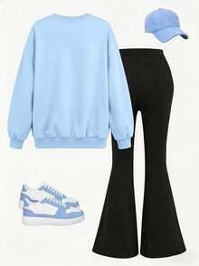 2pcs/Set Girls Minimalist Casual Slogan Print Crew Neck Sweatshirt & Flare Pants Set, Autumn/Winter Fashion Comfortable New Style - Multicolor - View 5