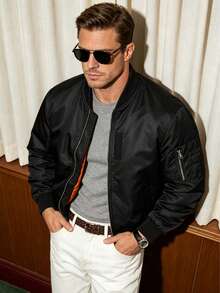 Men's Spring/Autumn Solid Color Thin Baseball Collar Casual Retro New Baseball Flight Jacket Coat - Black - View 1