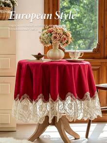 1pc Italian Velvet Embroidered Tablecloth, Luxurious Lace Trim Decor, Suitable For Dining Table, Tea Table, Bedside Cabinet Decoration, Holiday Gift, Wedding, Party Decoration - Red - View 11