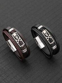 1pc Stainless Steel Skull Leather Braided Bracelet, Minimalist Multi-Layer Handmade Woven Bangle, Fashion Street Style Jewelry - Skeleton - View 1