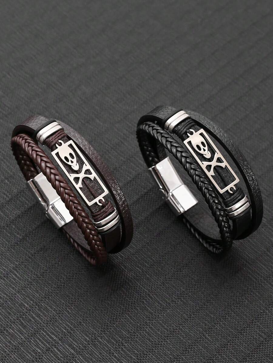 1pc Stainless Steel Skull Leather Braided Bracelet, Minimalist Multi-Layer Handmade Woven Bangle, Fashion Street Style Jewelry - Skeleton - View 1