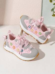 Girls' Colorblock Chunky Sneakers With Colorful Floral Embroidery, Lace Ribbon Bow, Lightweight Non-Slip Soft Sole Casual Sports Shoes - Pink - View 1
