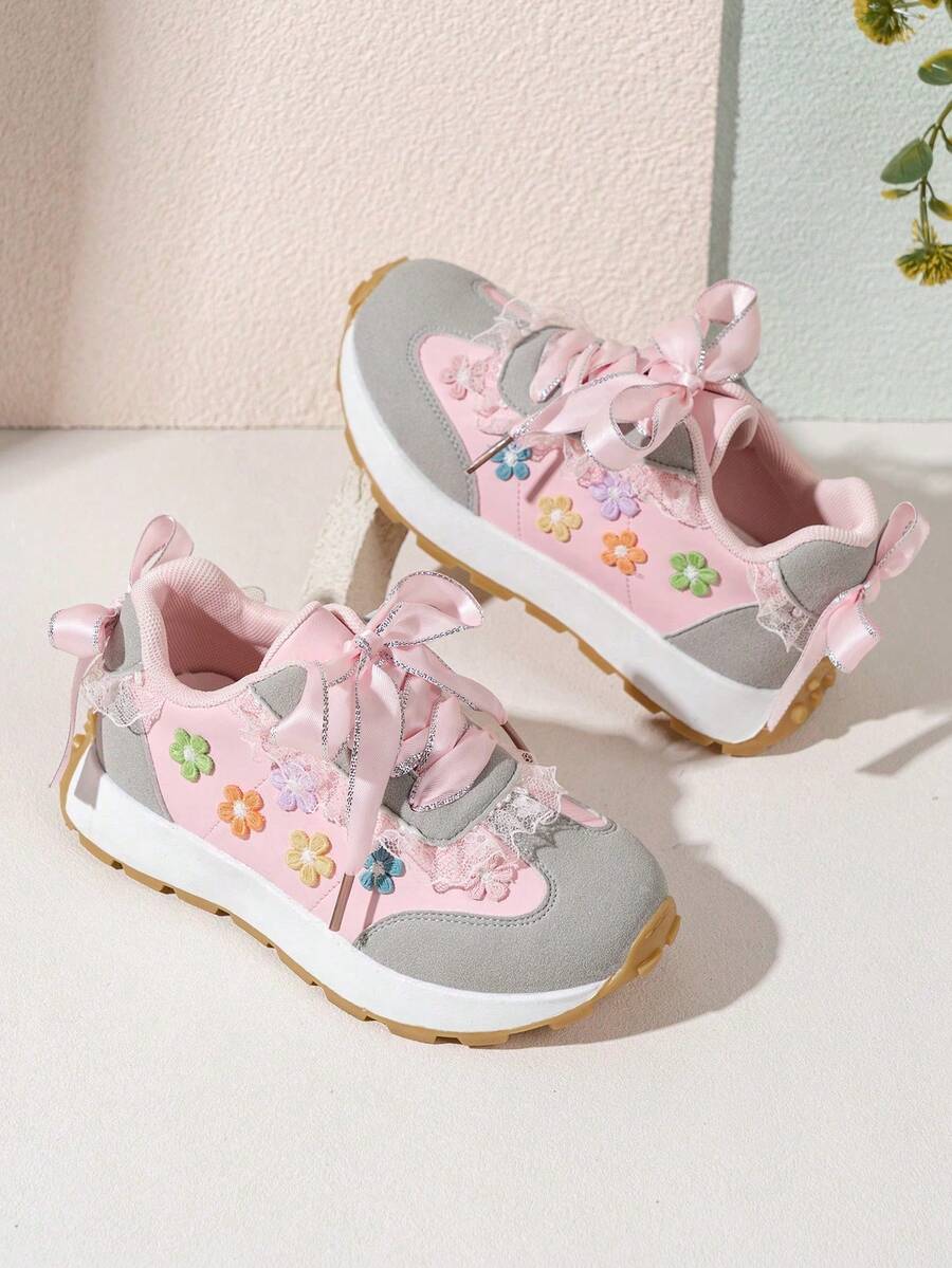 Girls' Colorblock Chunky Sneakers With Colorful Floral Embroidery, Lace Ribbon Bow, Lightweight Non-Slip Soft Sole Casual Sports Shoes - Pink - View 1
