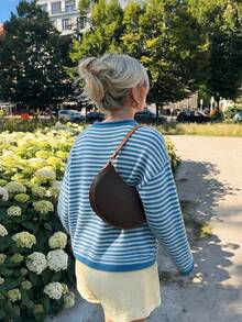 Women's Striped Knit Cardigan, Cropped Blue And White Stripe Button Detail Long Sleeve Round Neck Sweater For Spring Outfits, Medium Stretch Knitwear - Blue and White - View 8