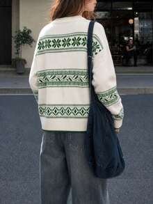 Women's Winter Casual Minimalist Vintage Pattern Crew Neck Pullover Sweater - Beige - View 2
