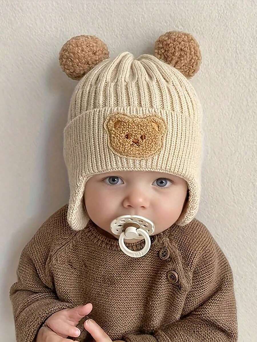 1pc Cute Bear Ear Protection Knitted Baby Hat, Winter Outdoor Style, Thickened Warm Knitted Knitted Hat, Flip Earflap Design, With Pom Pom, Comfortable Soft Elastic Hat - 1PC - View 1