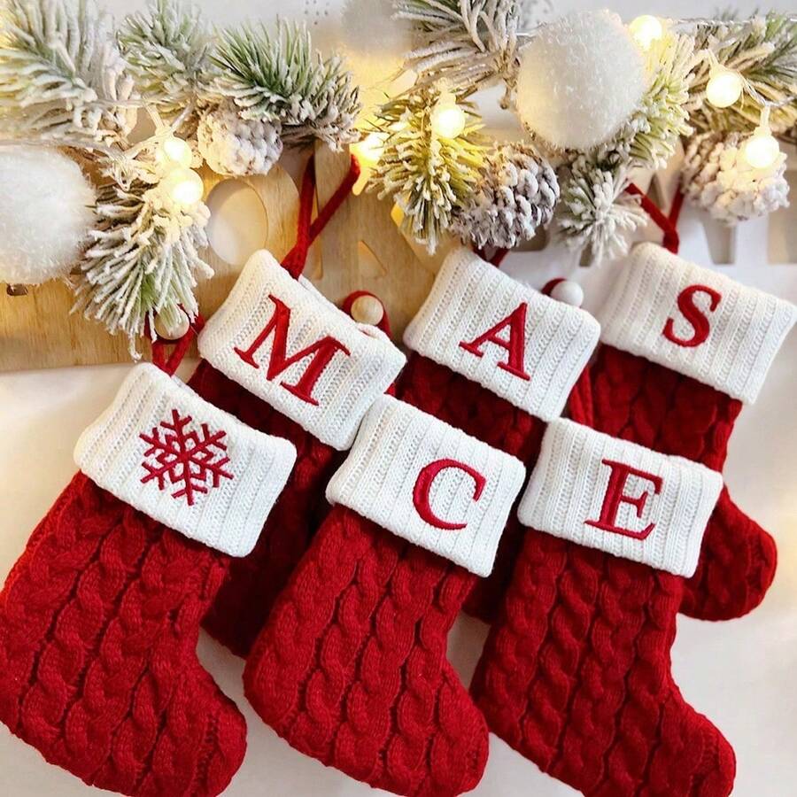 1pc Christmas Knitted Sock, Personalized Embroidered Letter Snowflake Red Cable Knit Christmas Stocking With Hanging Loop, Holiday Fireplace Decoration Gift Bag