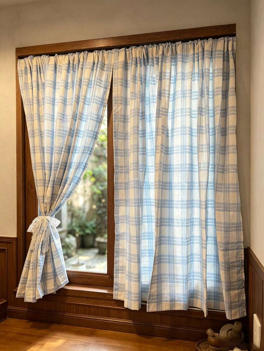 1pc American Minimalist Blue Plaid Beige Base Blue Checkered Curtain, Vintage Half Curtain, Bay Window Partition Curtain, Small Window Kitchen Half Curtain - 1PC - View 1