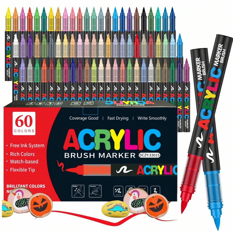 12-60 Colors Soft Tip Art Marker Set, Suitable For Painting, Coloring On Metal, Glass, Stone, Wood, Perfect As Gift, DIY Handmade Gift For Friends And Family - Multicolor - View 1