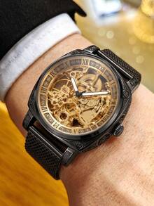 Men's Silver Black Skeleton Quartz Watch Roman Numeral Mesh Strap Luxury Wristwatch Gift For Him Birthday Christmas - Multicolor - View 3