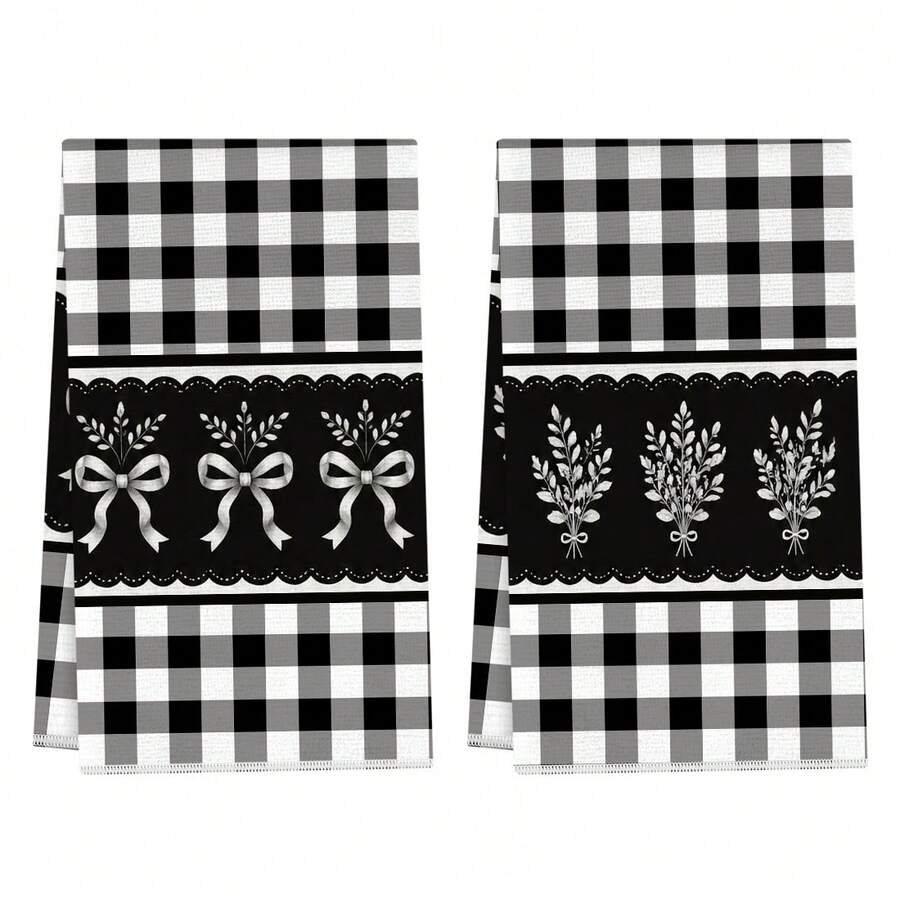 2pcs Kitchen Towels, Plaid Bow & Floral Design Microfiber Kitchen Towels, 40*60cm/15.7*23.6in Towels, Single-Sided Print, Dish Cloths For Kitchen, Suitable For Restaurant, Meat Room, Bathroom Decor, Holiday Gift - Multicolor - View 1