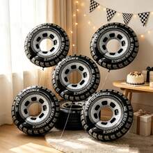 5pcs 26-Inch Black & White Wheel Foil Balloons - Birthday, Event, High-Performance Racing Theme Party Decorations, Event Balloons | Dynamic Design | Foil Balloons, Birthday Balloons - View 5