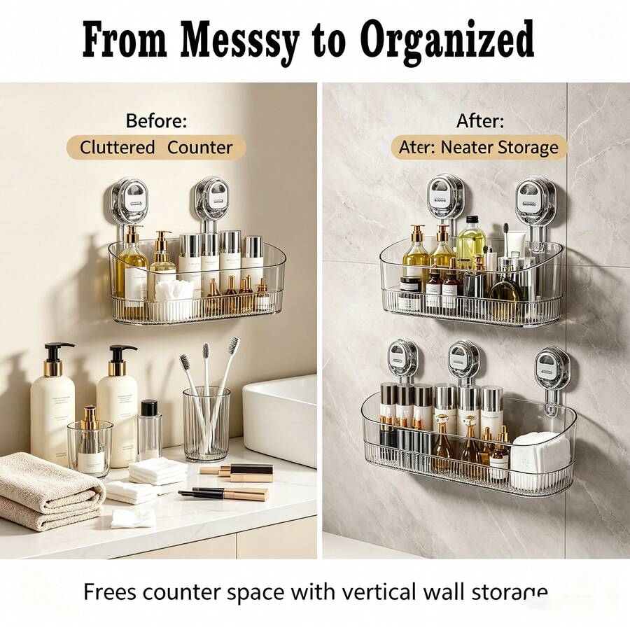 5.7 Inch No-Drill Bathroom Suction Cup Storage Box, Heavy Duty Suction Cup Bathroom Storage Rack With Towel Bar And Hooks, Wall-Mounted Shower Caddy, Large Capacity Strong Load-Bearing, Suitable For Bathroom Toiletries, Shampoo, Kitchen Utensils