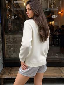 LOVE JOYY Women's Autumn/Winter Beige Round Neck Knit Sweater, Fallen Leaves Pumpkin Coffee Slogan Print, Loose Drop Shoulder Long Sleeve Pullover - White - View 5
