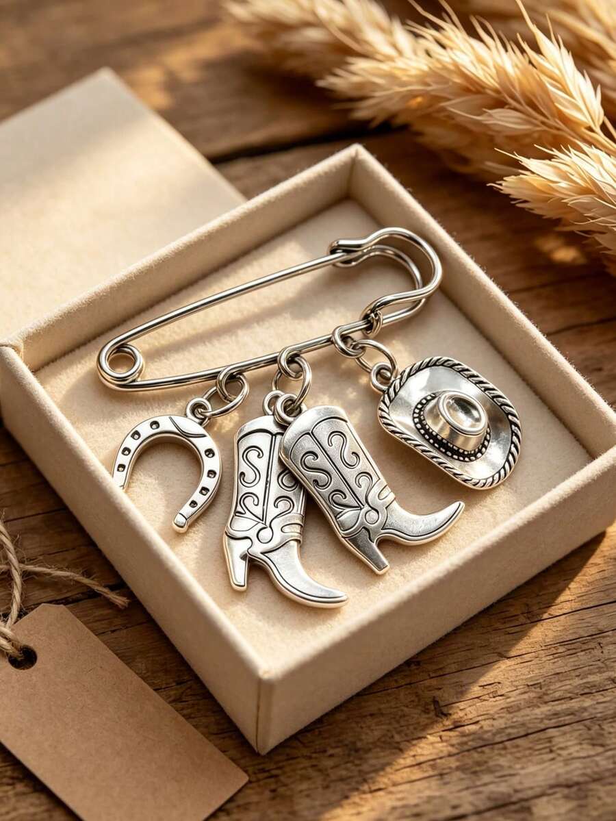 1Pc DIY Western-Style Enamel Brooch, Distressed Silver Cowboy Boot Horseshoe Cowboy Hat Pin, Jewelry Accessory, Women's Accessory, Gift For Friends - Multicolor - View 1