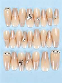 24pcs Short Coffin Shape Press-On Nails, White Gradient Floral Rhinestone Heart Design, Japanese Style Full Coverage, Suitable For Party, Prom And Daily Wear - Multicolor - View 3
