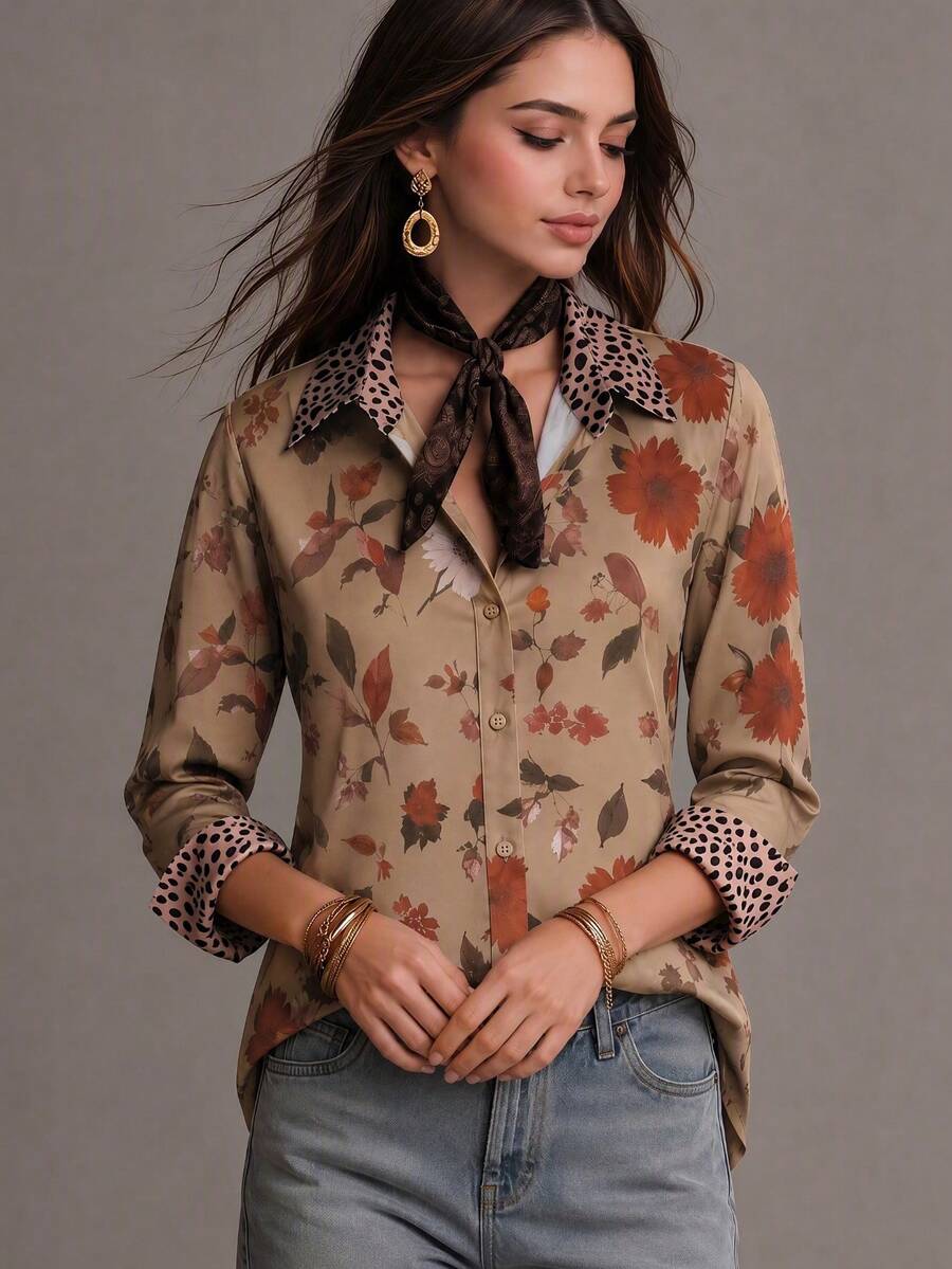 Women's Autumn Random Floral Print Pattern Top With Leopard Print Cuff Design, Fashionable Elegant Casual Commute Daily Wear Shirt For Autumn/Winter - Light Brown - View 1