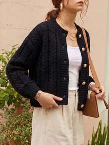 Elegant Women's Autumn/Winter Fashion Daily Home Casual Basic Simple And Loose Solid Color Knitted Round Neck Long Sleeved Cardigan Jacket Sweater Top - Black - View 1