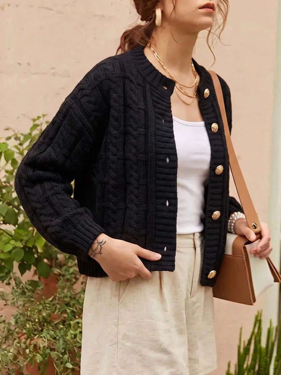 Elegant Women's Autumn/Winter Fashion Daily Home Casual Basic Simple And Loose Solid Color Knitted Round Neck Long Sleeved Cardigan Jacket Sweater Top - Black - View 1
