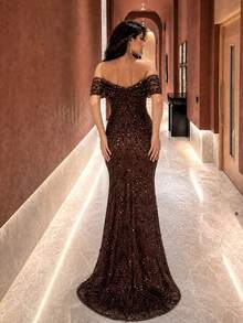 UNITHORSE Women's Off-Shoulder Sequin Elegant Waist-Cinched Evening Gown Dress - Coffee Brown - View 2