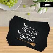 1/4/6pcs Halloween Series Witch Broom & Bat Pattern Printed Placemats, Heat-Resistant Table Mats For Home Kitchen, Table Protection, Kitchen Dining Table, Party Scene Decoration - Multicolor - View 16