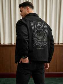 Men's Fashion Street Style Long Sleeve Turndown Collar Printed Solid Color Casual Jacket Outerwear, Autumn Winter, For Fall, Grunge - Black - View 1